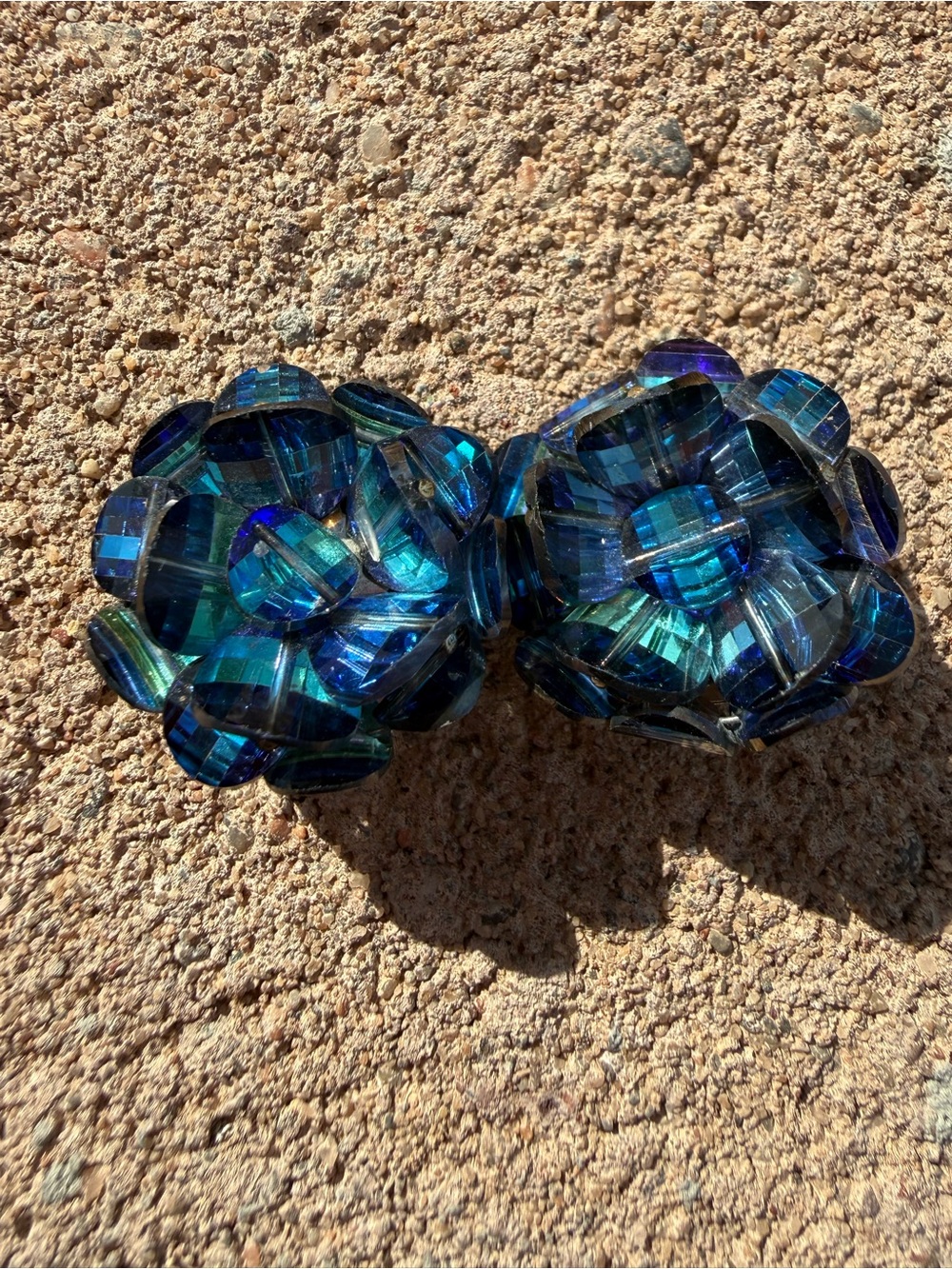 Vintage Laguna Signed Blue Crystal Clip Earrings | Iridescent Flower Statement